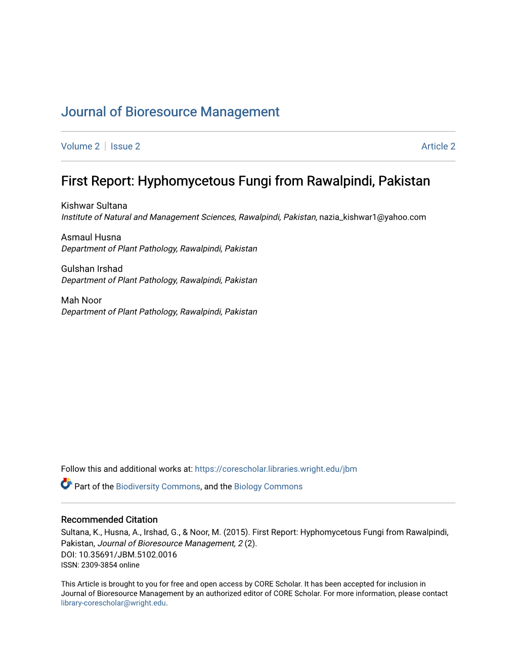 First Report: Hyphomycetous Fungi from Rawalpindi, Pakistan