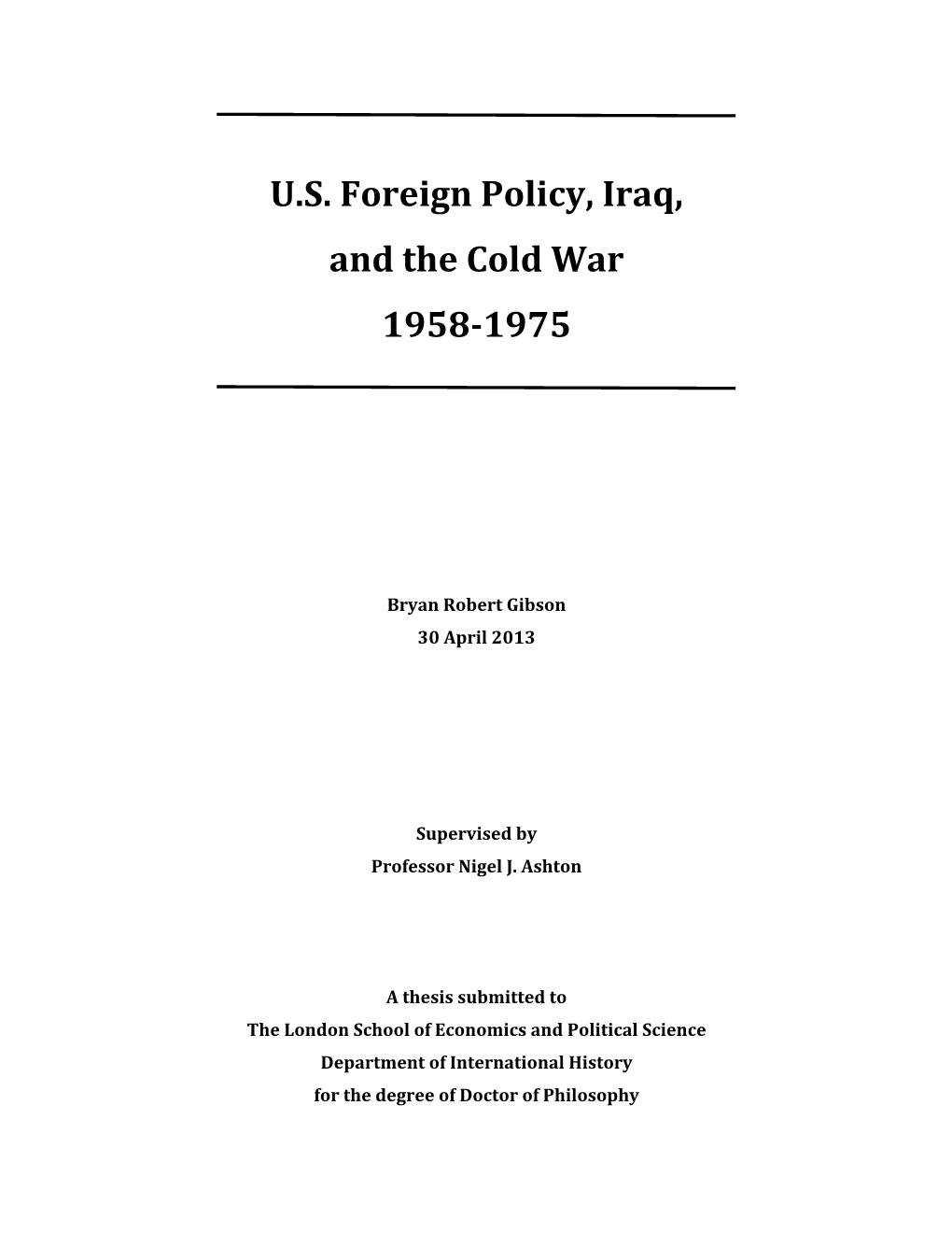 U.S. Foreign Policy, Iraq, and the Cold War 1958-1975