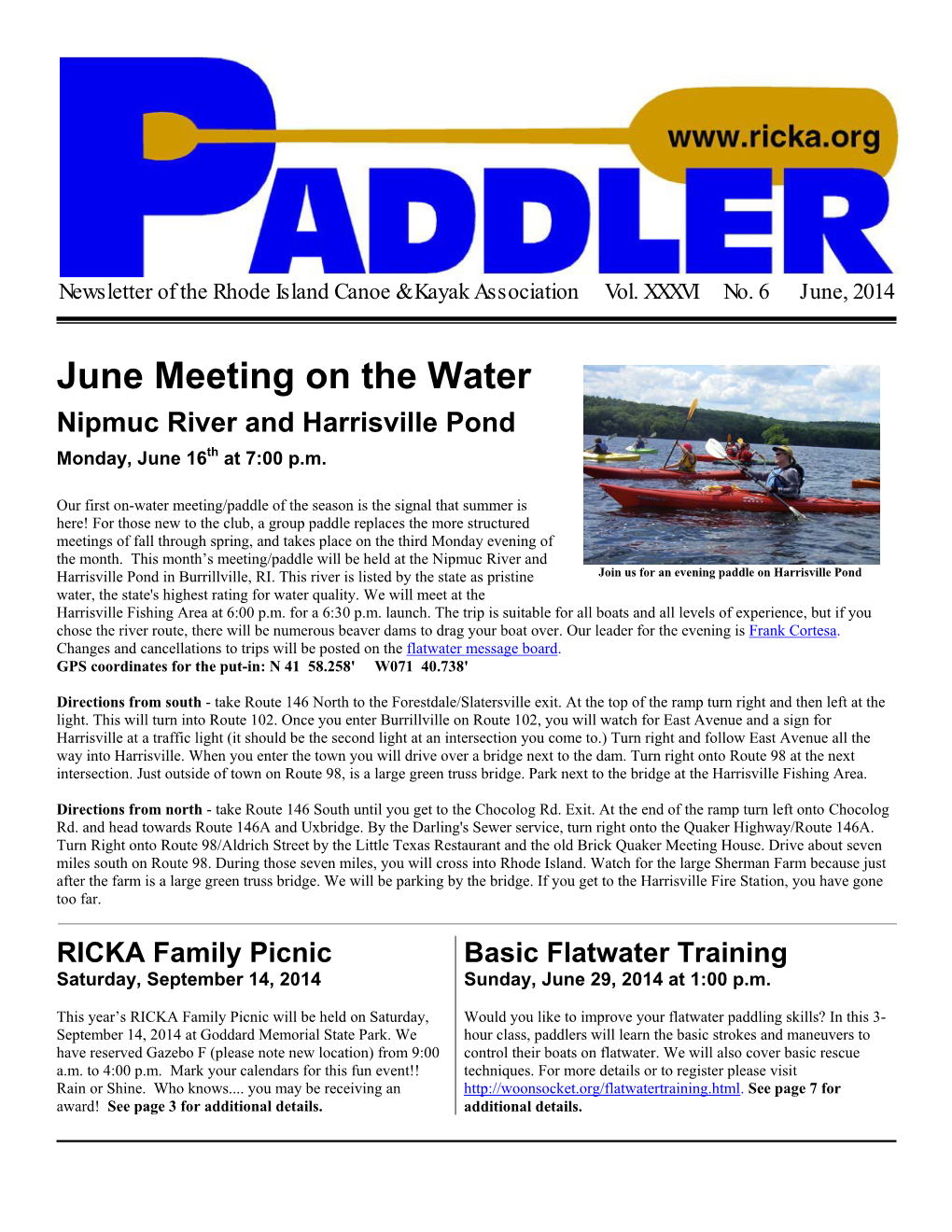 June Meeting on the Water Nipmuc River and Harrisville Pond Monday, June 16Th at 7:00 P.M