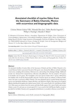 Annotated Checklist of Marine Fishes from the Sanctuary of Bahía Chamela, Mexico with Occurrence and Biogeographic Data