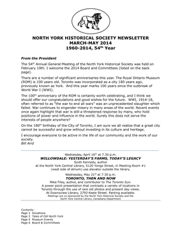 NORTH YORK HISTORICAL SOCIETY NEWSLETTER MARCH-MAY 2014 1960-2014, 54Th Year