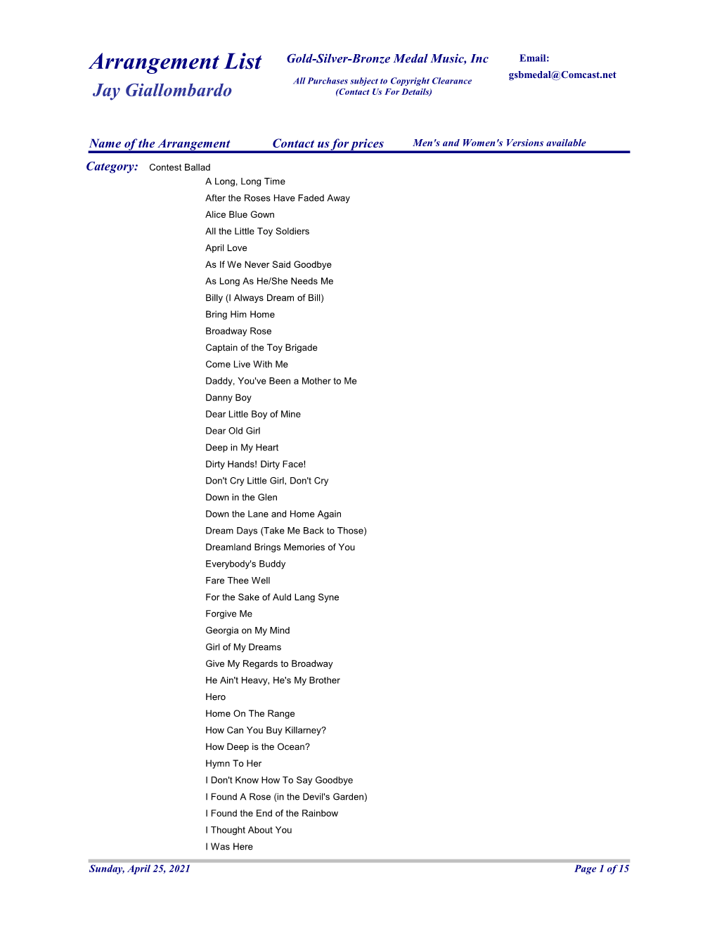 Arrangement List Gold-Silver-Bronze Medal Music