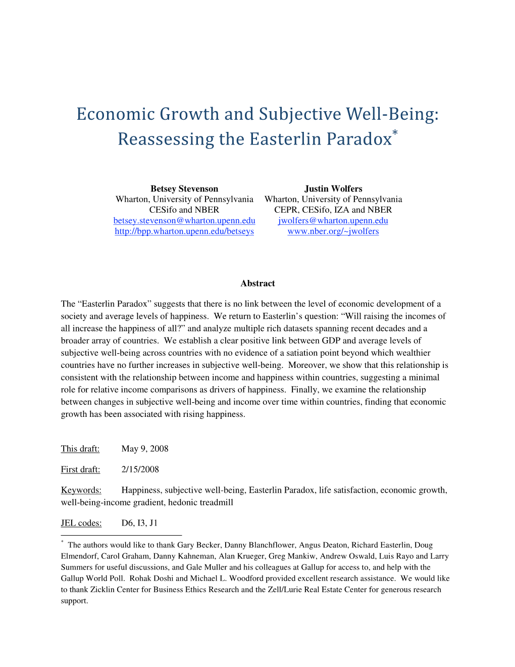 Economic Growth and Subjective Well Being: Reassessing the Easterlin