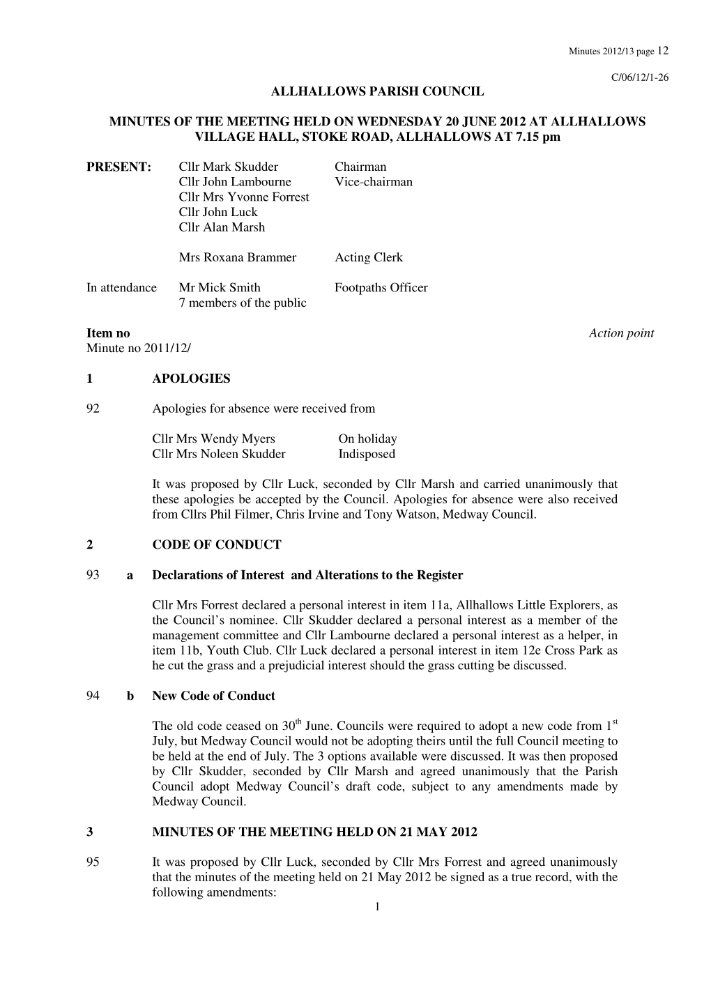 Allhallows Parish Council Minutes of the Meeting Held