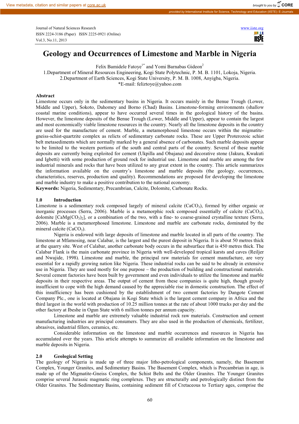 Geology and Occurrences of Limestone and Marble in Nigeria