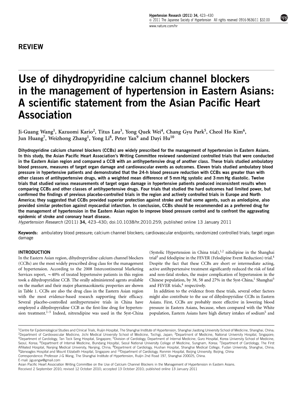 Use of Dihydropyridine Calcium Channel Blockers in the Management of Hypertension in Eastern Asians: a Scientiﬁc Statement from the Asian Paciﬁc Heart Association