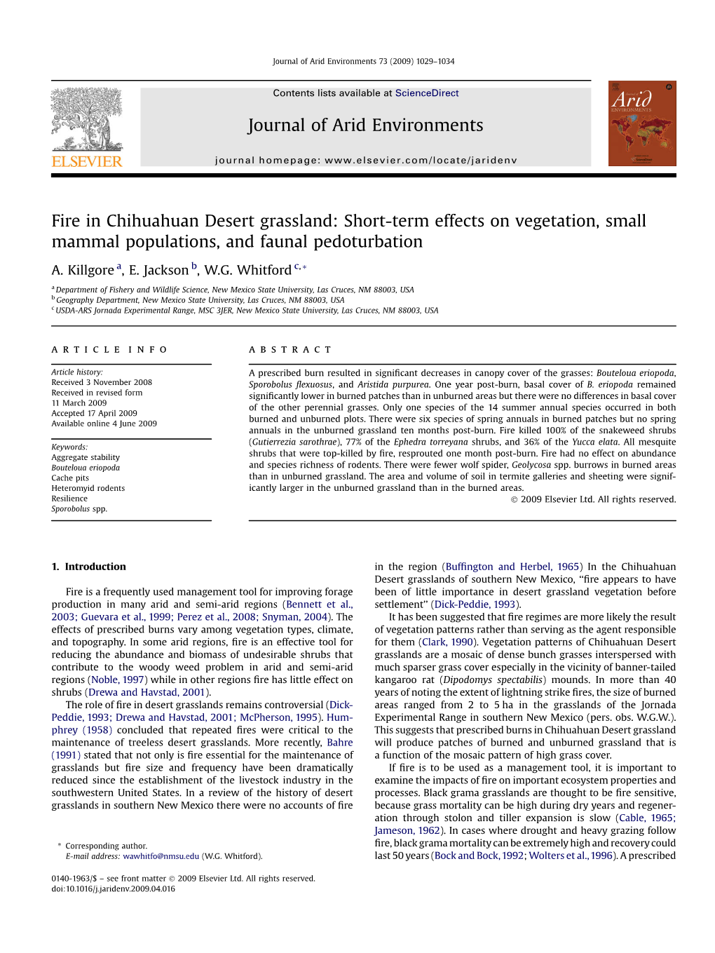 Fire in Chihuahuan Desert Grassland: Short-Term Effects on Vegetation, Small Mammal Populations, and Faunal Pedoturbation