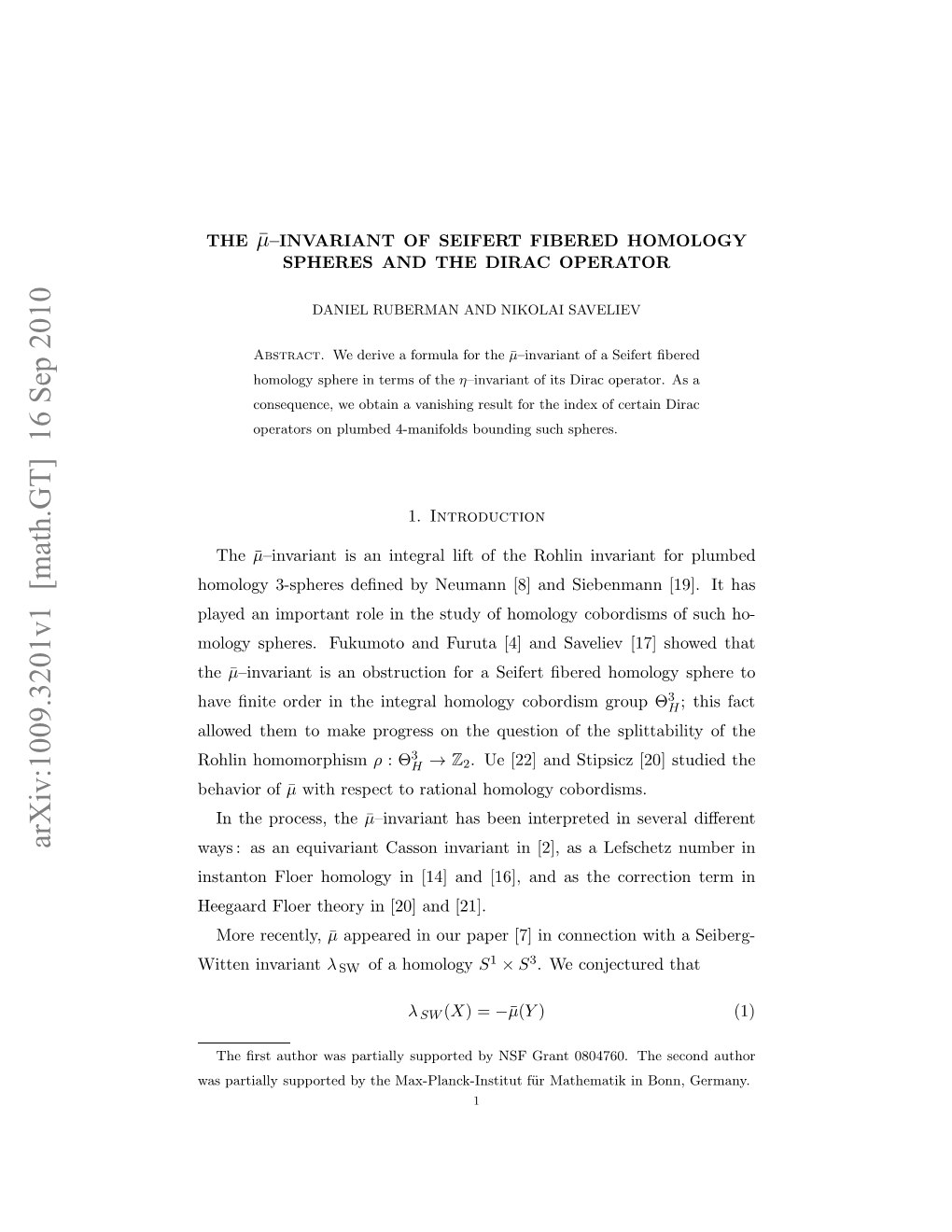 The $\Bar\Mu $-Invariant of Seifert Fibered Homology Spheres and the Dirac Operator