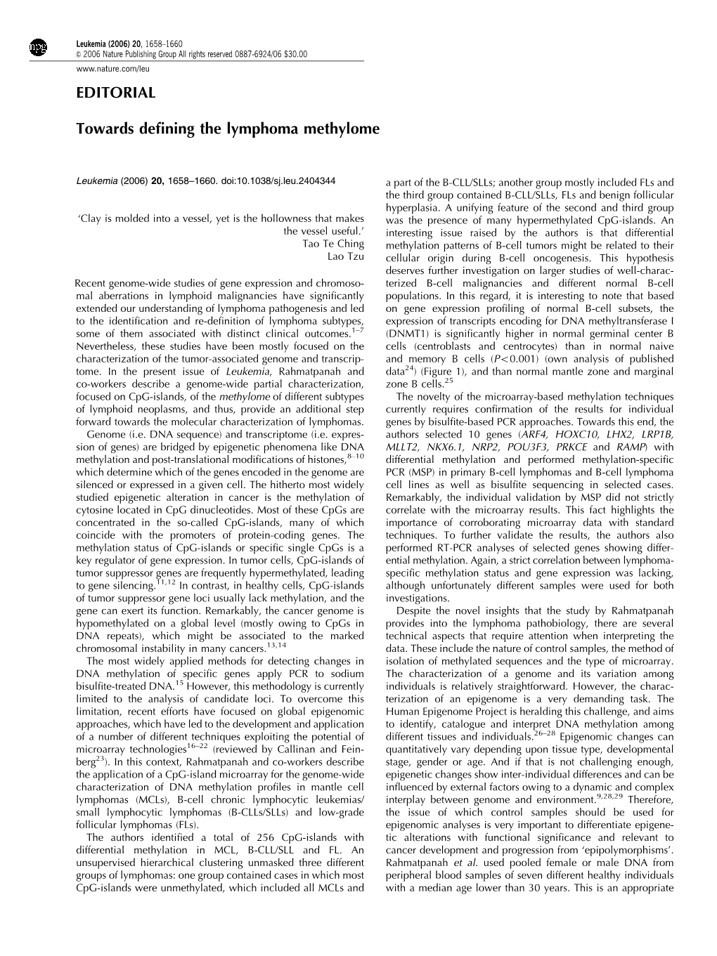 Towards Defining the Lymphoma Methylome