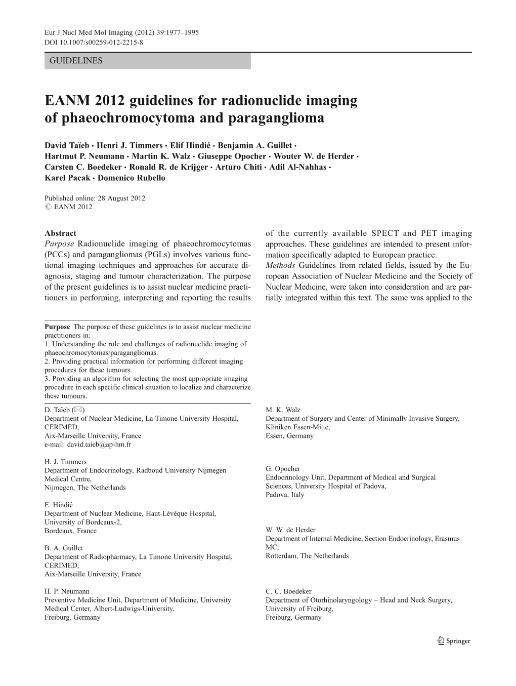 EANM 2012 Guidelines for Radionuclide Imaging of Phaeochromocytoma and Paraganglioma