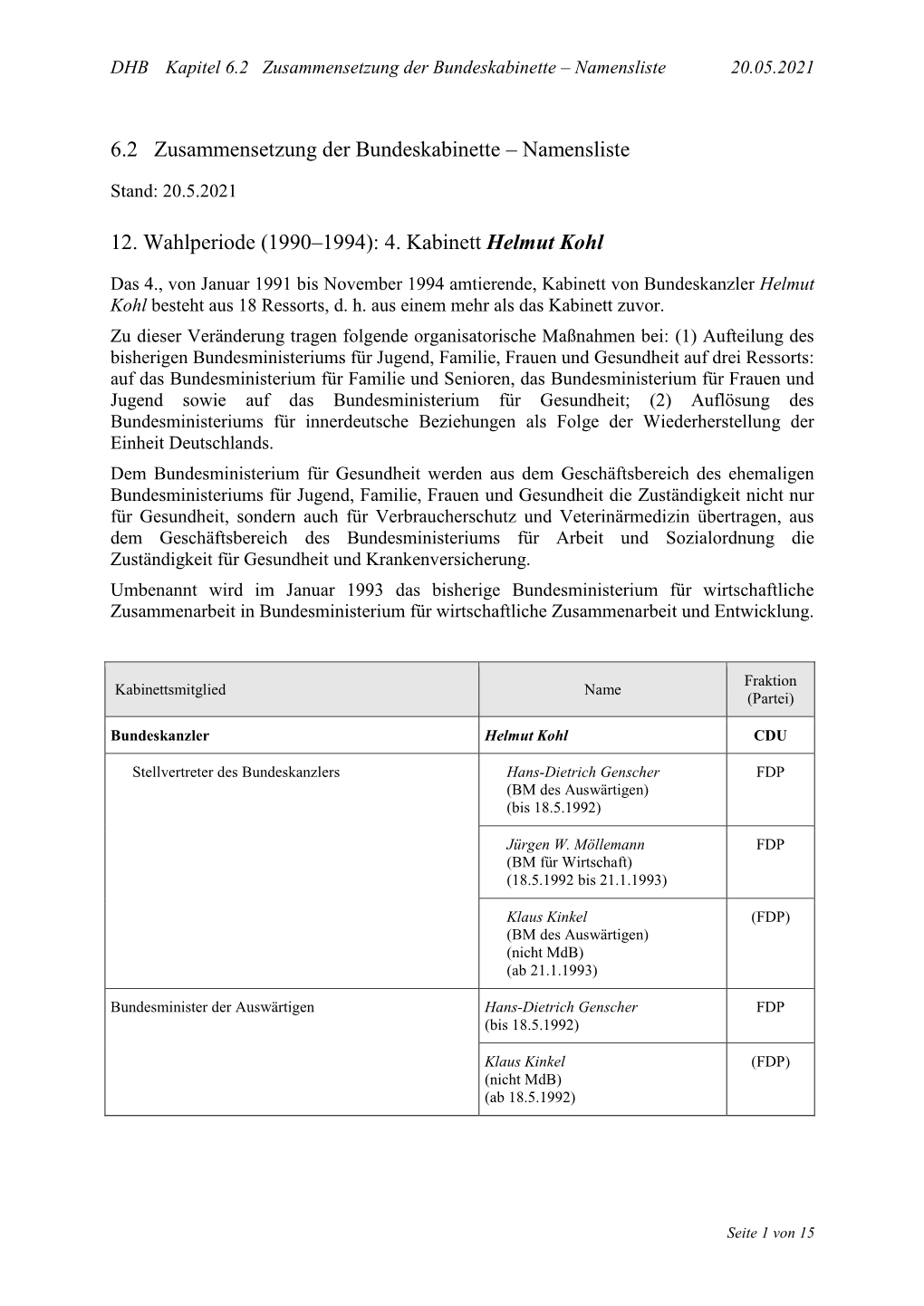 6.2 Zusammensetzung Der Bundeskabinette – Namensliste 20.05.2021