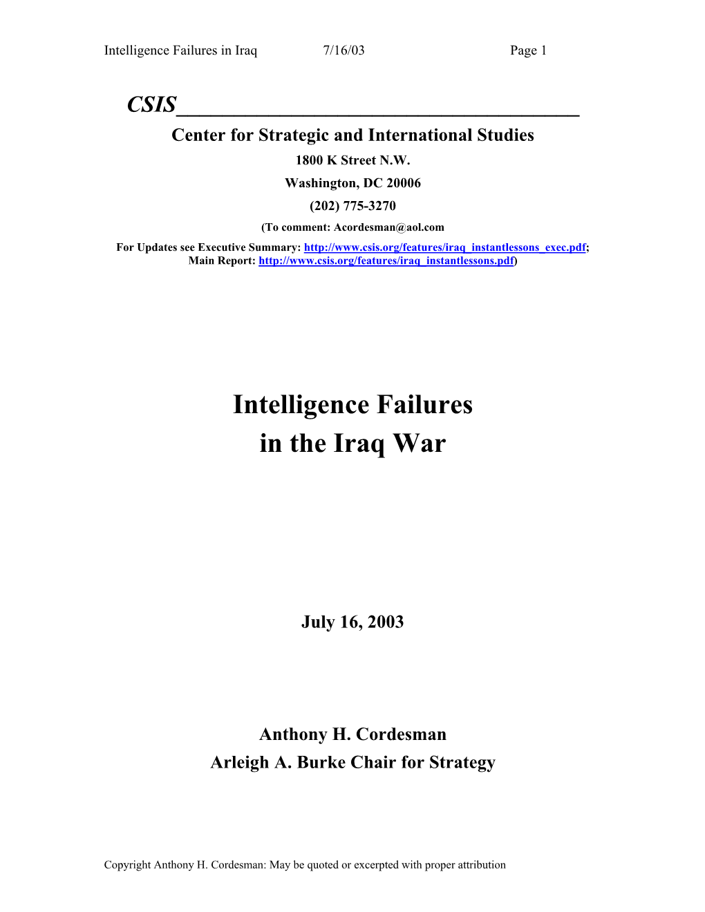 Intelligence Failures in the Iraq War