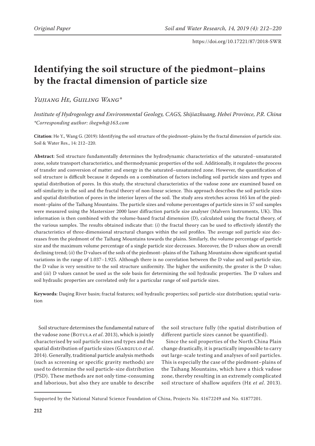 Identifying the Soil Structure of the Piedmont–Plains by the Fractal Dimension of Particle Size