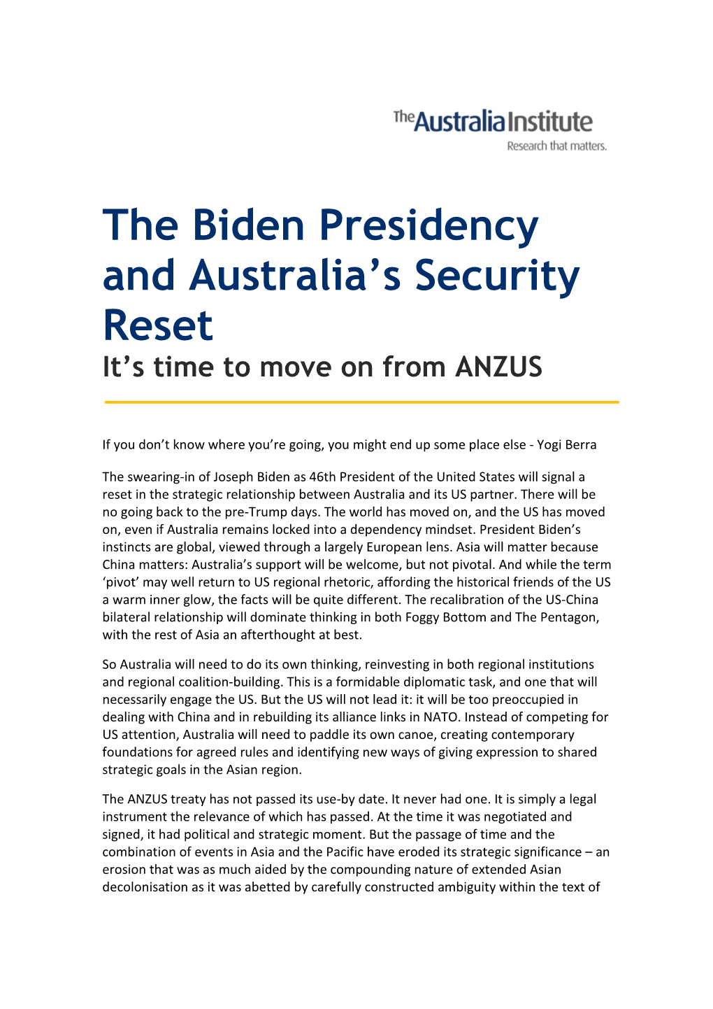 The Biden Presidency and Australia's Security Reset