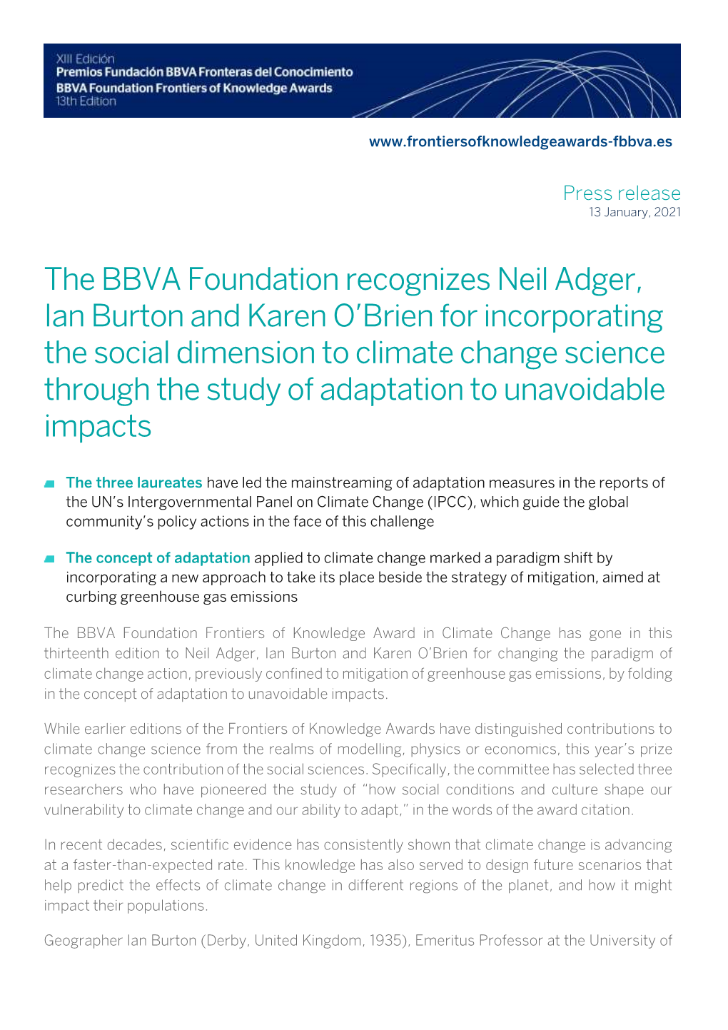 The BBVA Foundation Recognizes Neil Adger, Ian Burton and Karen O