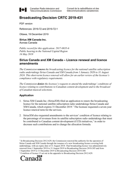 Sirius Canada and XM Canada – Licence Renewal and Licence Amendments