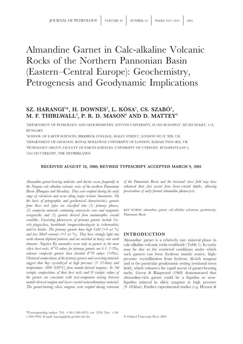 Almandine Garnet in Calc-Alkaline Volcanic Rocks of the Northern Pannonian Basin (Eastern–Central Europe): Geochemistry, Petrogenesis and Geodynamic Implications