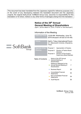 Notice of the 39Th Annual General Meeting of Shareholders (April 1, 2018 to March 31, 2019, “FY2018” Or “This Fiscal Year”)