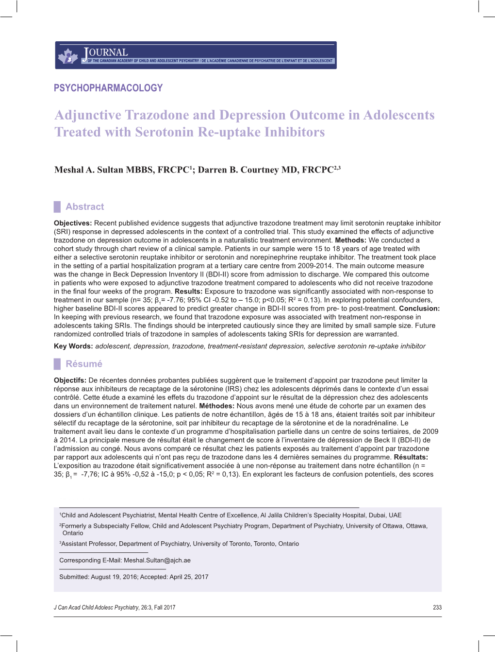 Adjunctive Trazodone and Depression Outcome in Adolescents Treated with Serotonin Re-Uptake Inhibitors