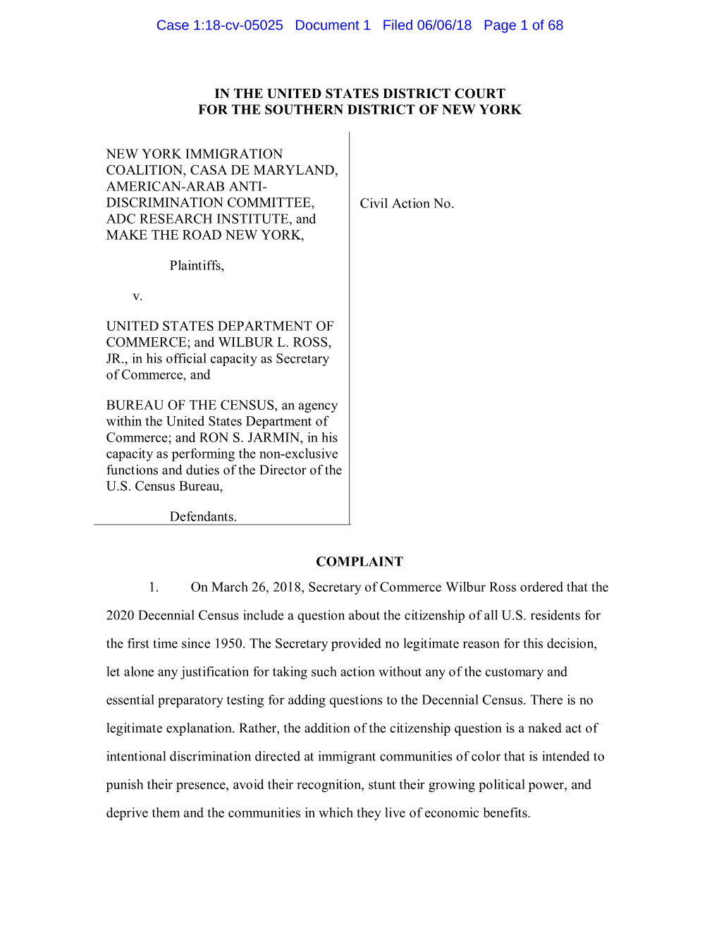 Case 1:18-Cv-05025 Document 1 Filed 06/06/18 Page 1 of 68