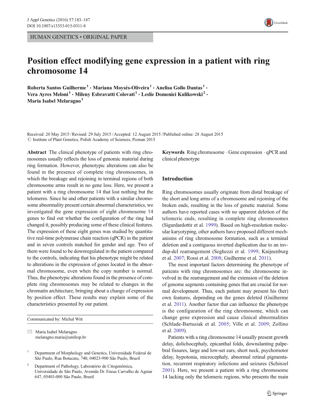 Position Effect Modifying Gene Expression in a Patient with Ring Chromosome 14