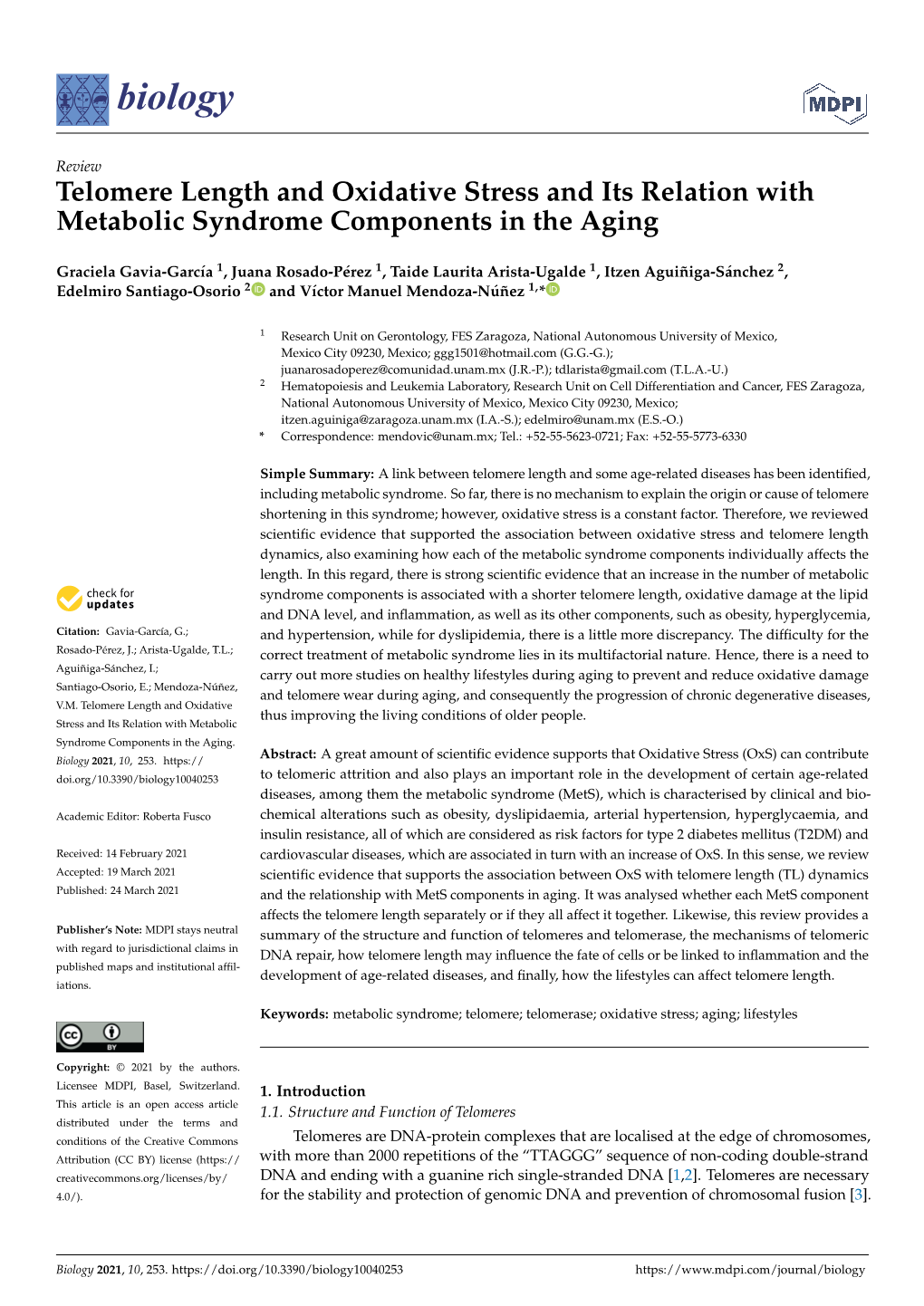 Telomere Length and Oxidative Stress and Its Relation with Metabolic Syndrome Components in the Aging