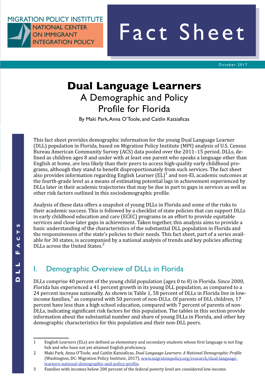 Dual Language Learners: a Demographic and Policy Profile for Florida Fact Sheet