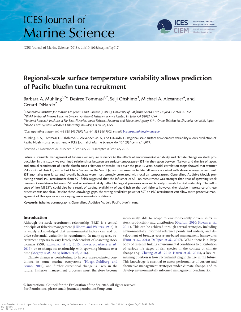 Regional-Scale Surface Temperature Variability Allows Prediction of Paciﬁc Blueﬁn Tuna Recruitment