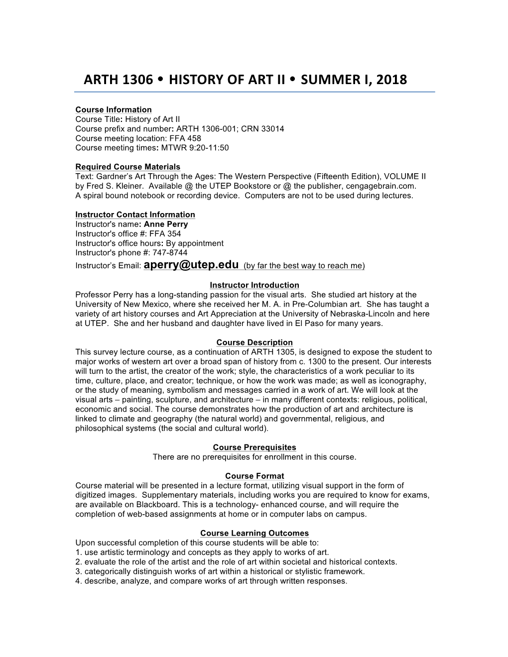 Arth 1306 • History of Art Ii • Summer I, 2018