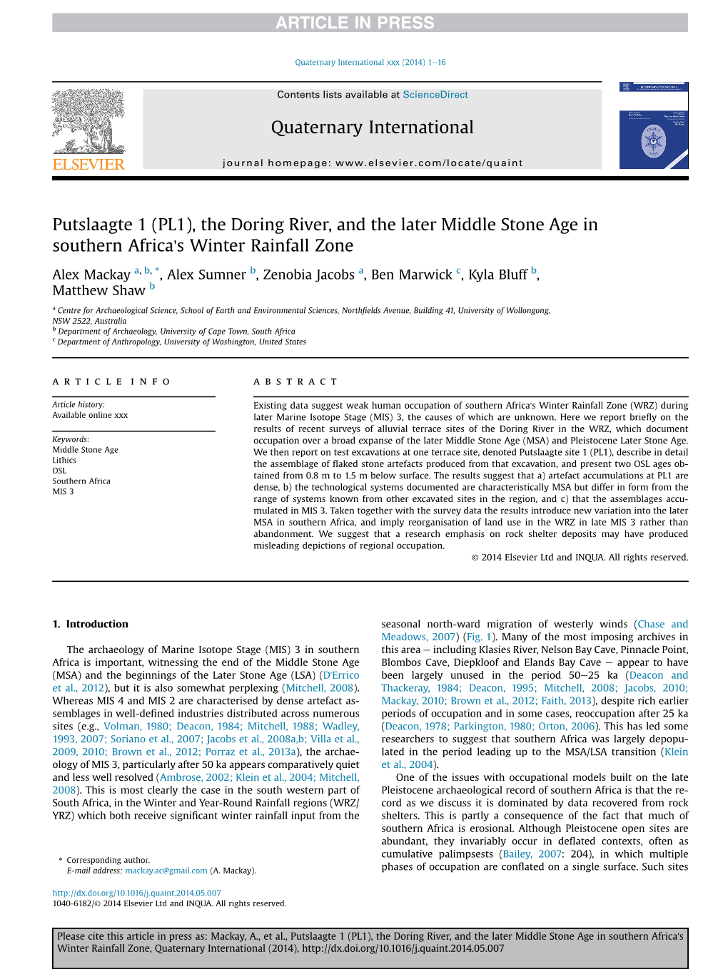 The Doring River, and the Later Middle Stone Age in Southern Africa's Winter Rainfall Zone