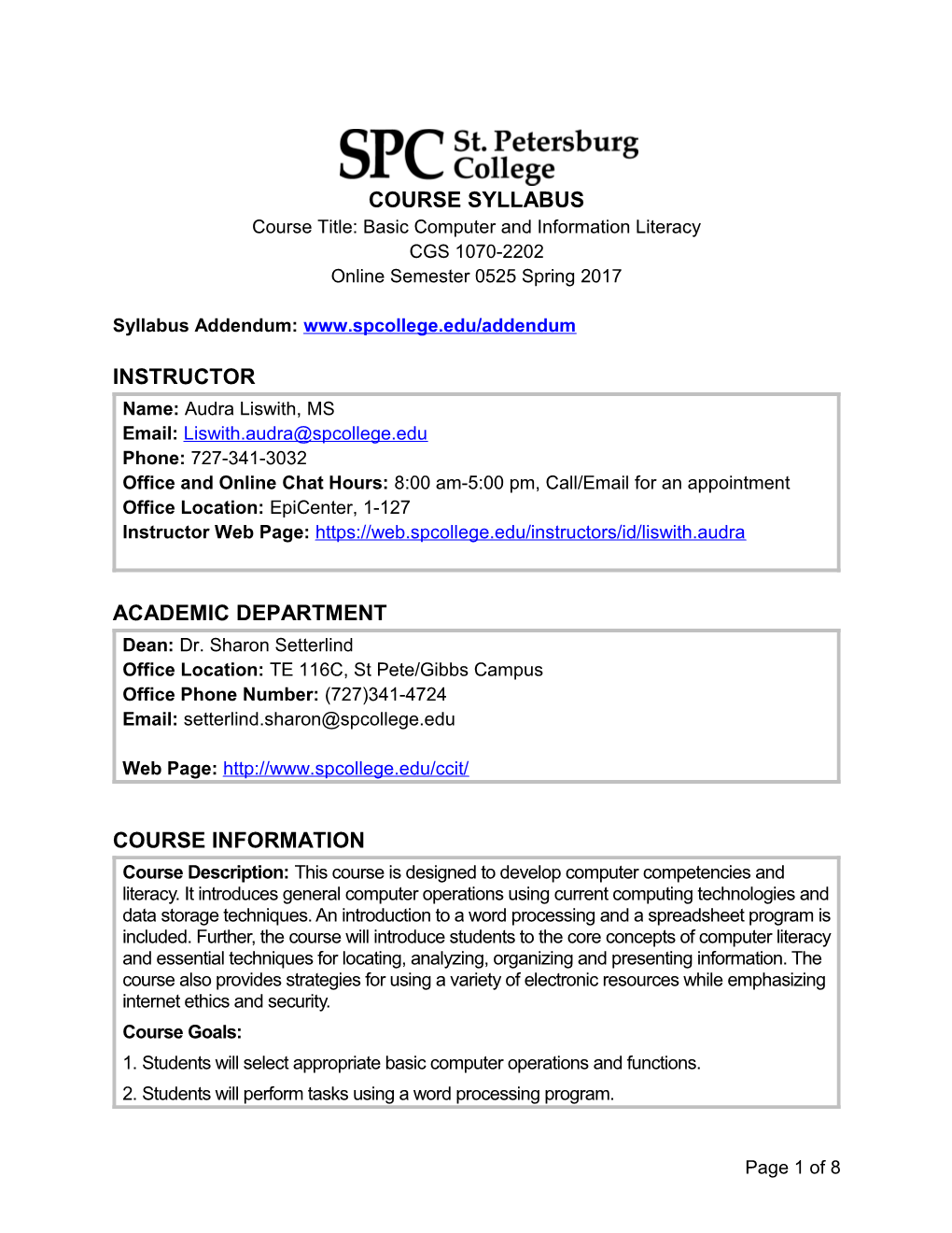 COURSE SYLLABUS Course Title: Basic Computer and Information Literacy