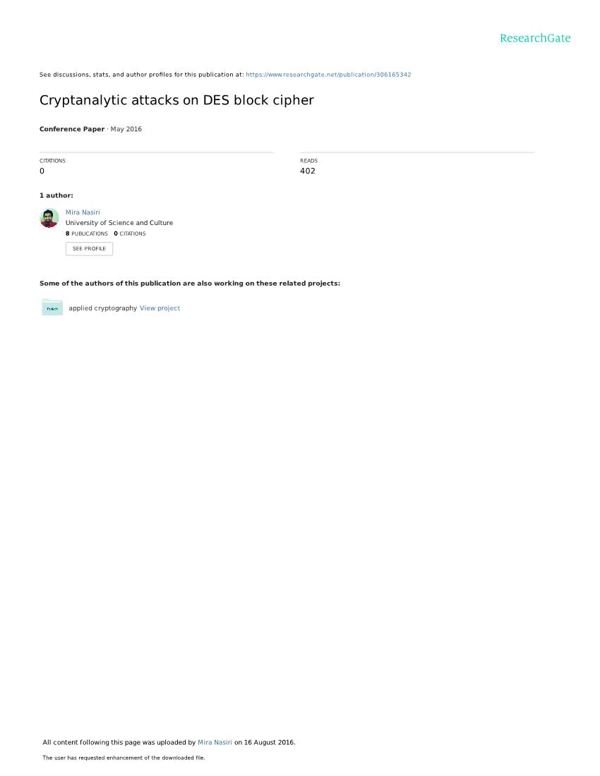 Cryptanalytic Attacks on DES Block Cipher