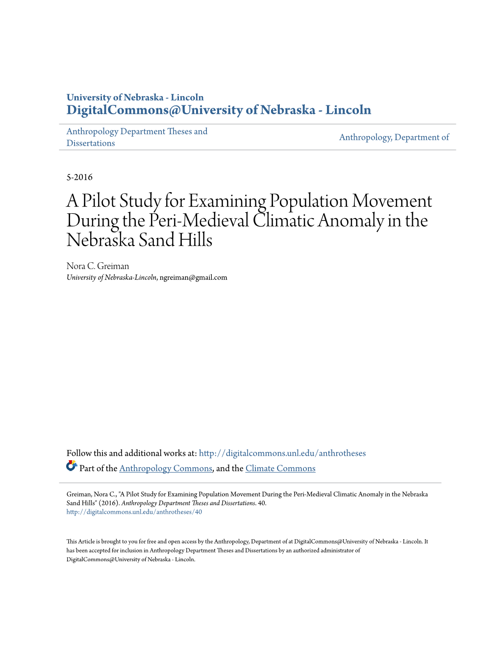 A Pilot Study for Examining Population Movement During the Peri-Medieval Climatic Anomaly in the Nebraska Sand Hills Nora C