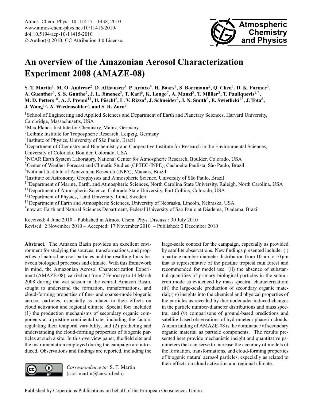 An Overview of the Amazonian Aerosol Characterization Experiment 2008 (AMAZE-08)