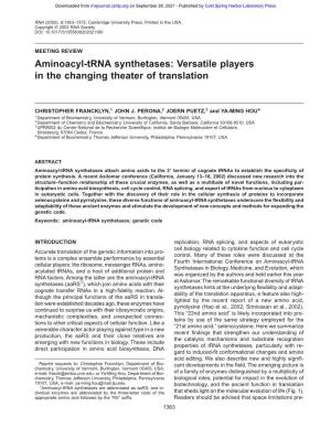 Aminoacyl-Trna Synthetases: Versatile Players in the Changing Theater of Translation