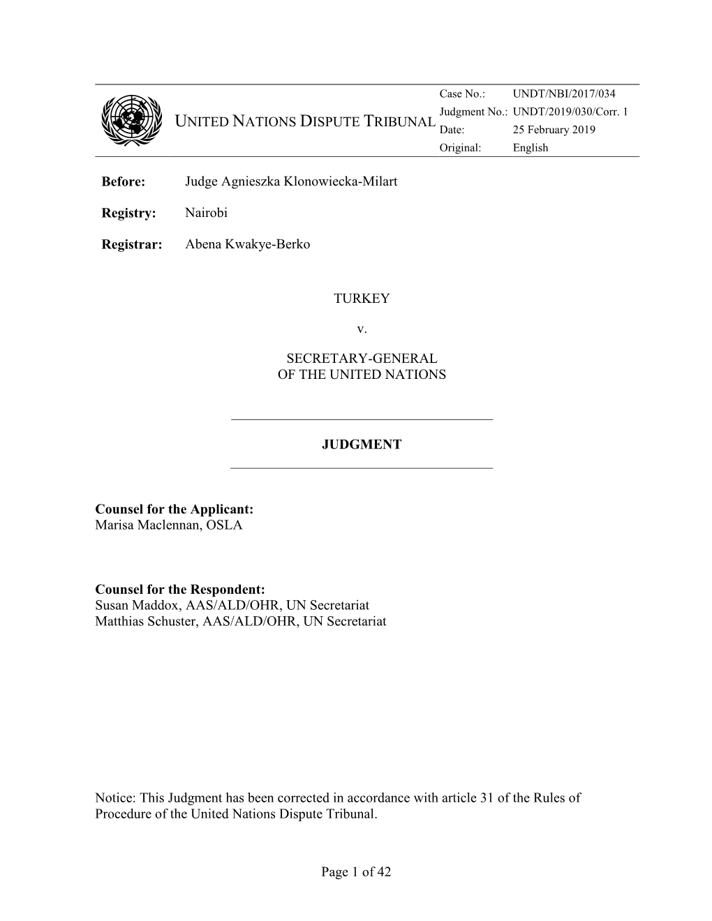 Page 1 of 42 UNITED NATIONS DISPUTE TRIBUNAL Before
