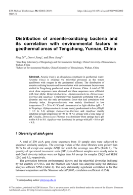 Distribution of Arsenite-Oxidizing Bacteria and Its Correlation with Environmental Factors in Geothermal Areas of Tengchong, Yunnan, China