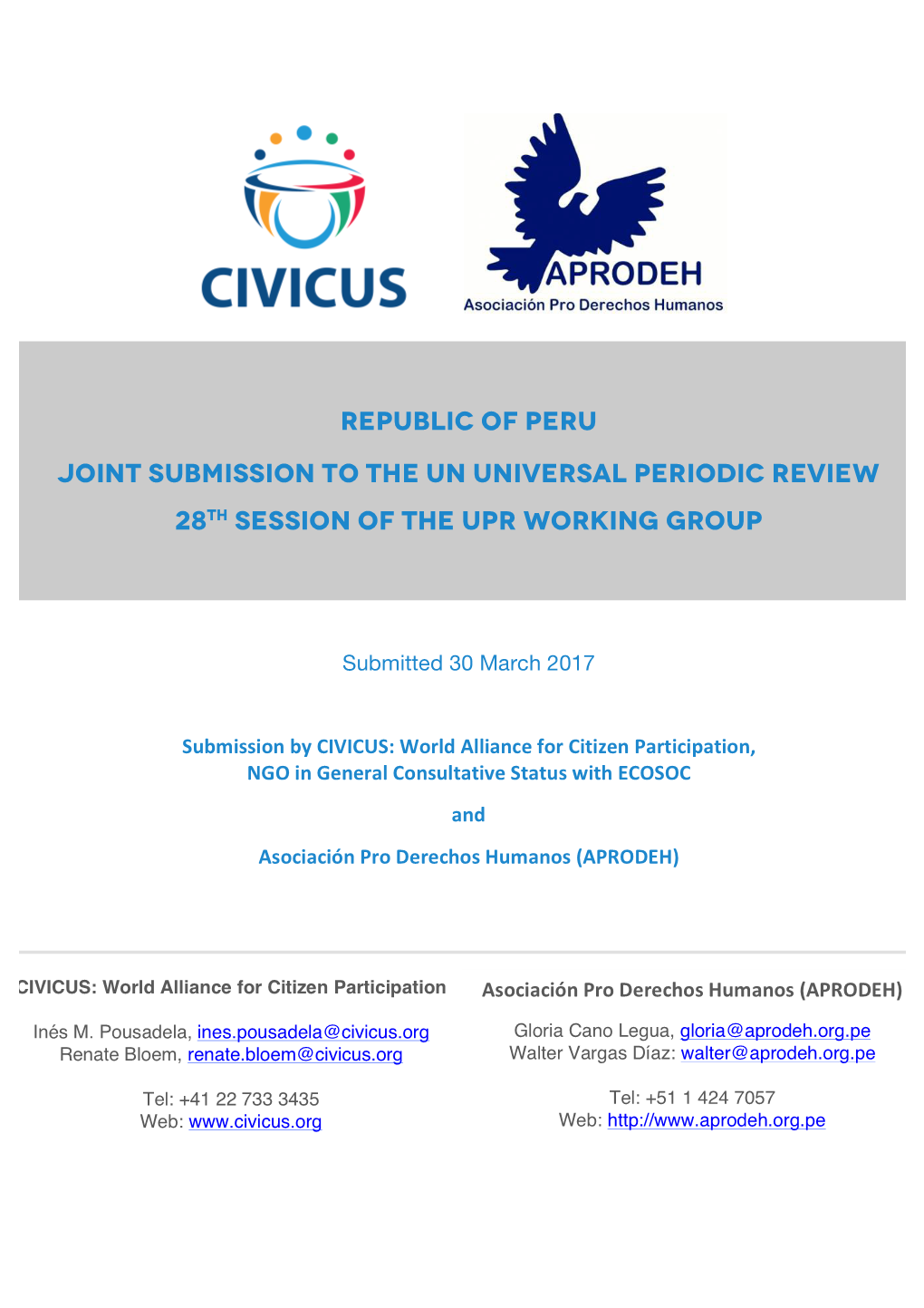 Republic of Peru Joint Submission to the UN Universal Periodic Review 28Th Session of the UPR Working Group