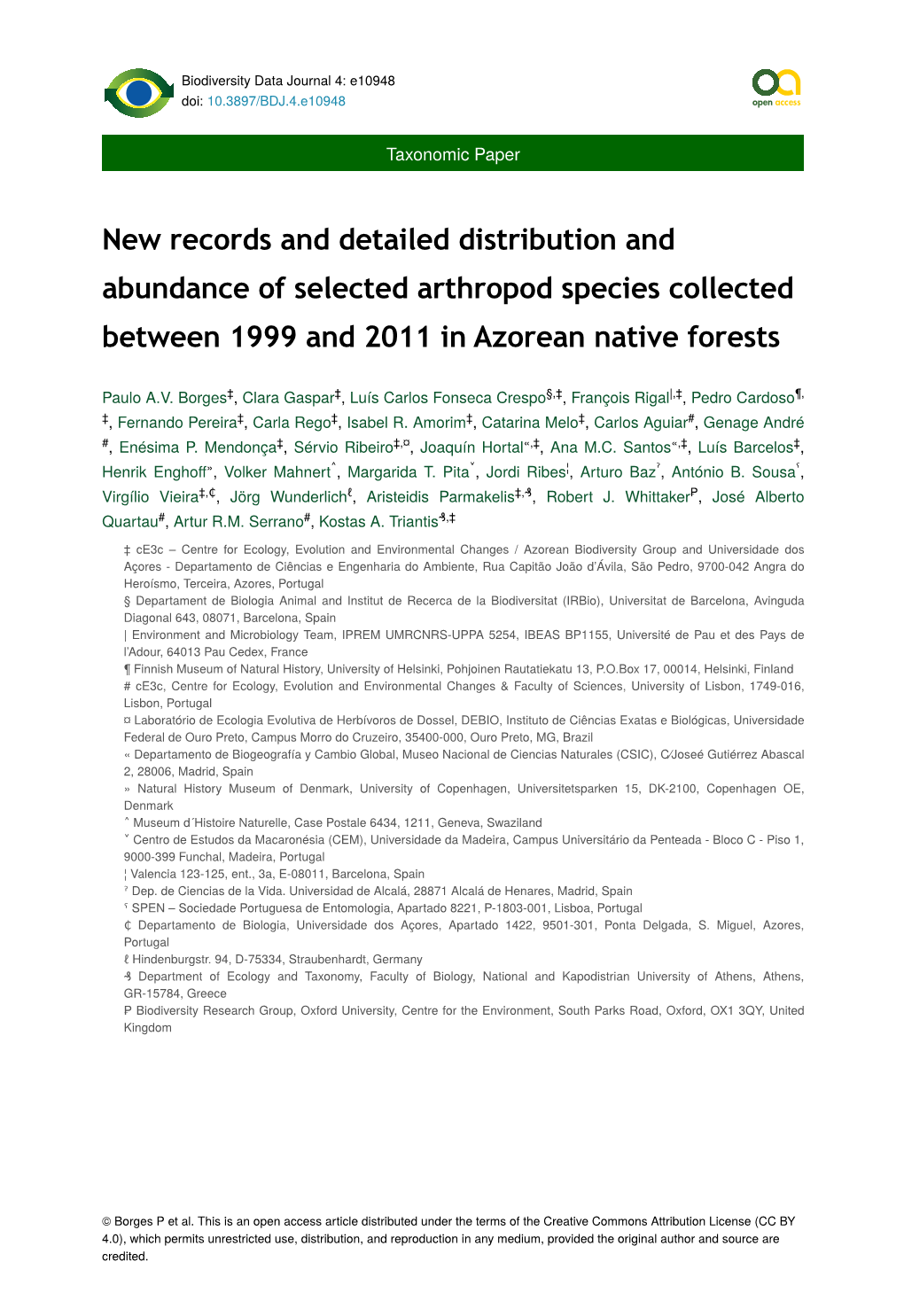 New Records and Detailed Distribution and Abundance of Selected Arthropod Species Collected Between 1999 and 2011 in Azorean Native Forests