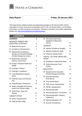 Daily Report Friday, 29 January 2021 CONTENTS