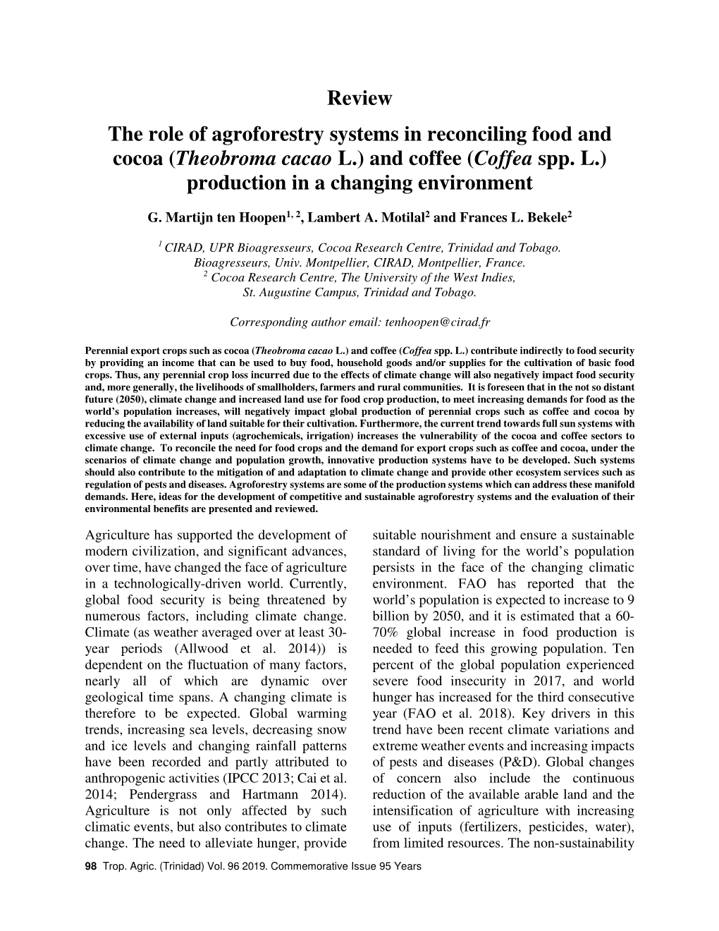 Review the Role of Agroforestry Systems in Reconciling Food and Cocoa (Theobroma Cacao L.) and Coffee (Coffea Spp