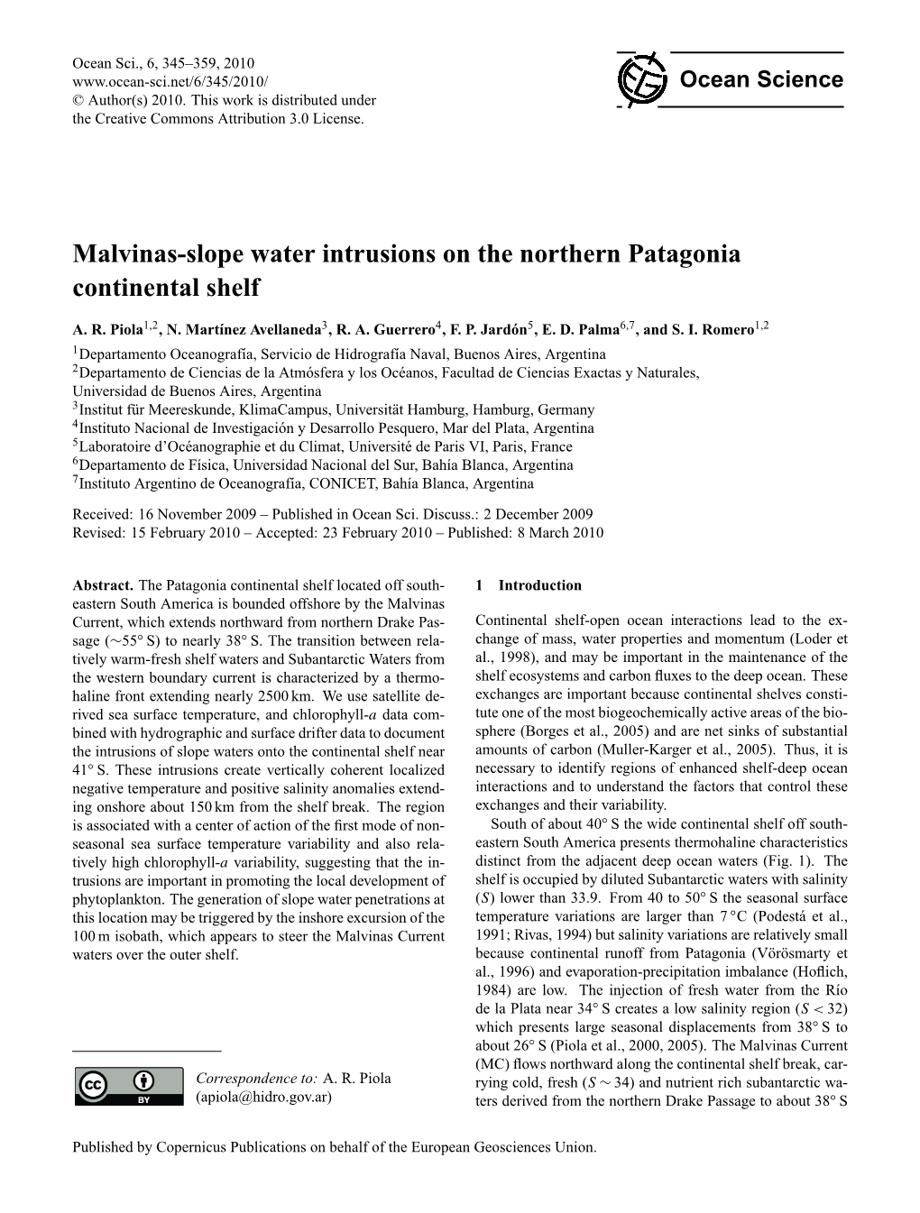 Malvinas-Slope Water Intrusions on the Northern Patagonia Continental Shelf