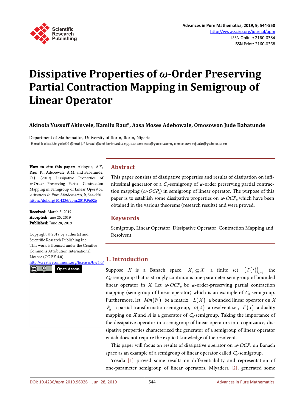 Dissipative Properties of Ω-Order Preserving Partial Contraction Mapping in Semigroup of Linear Operator
