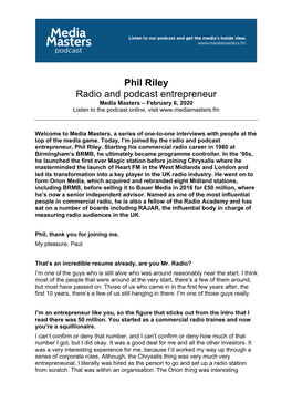 Phil Riley Radio and Podcast Entrepreneur Media Masters – February 6, 2020 Listen to the Podcast Online, Visit