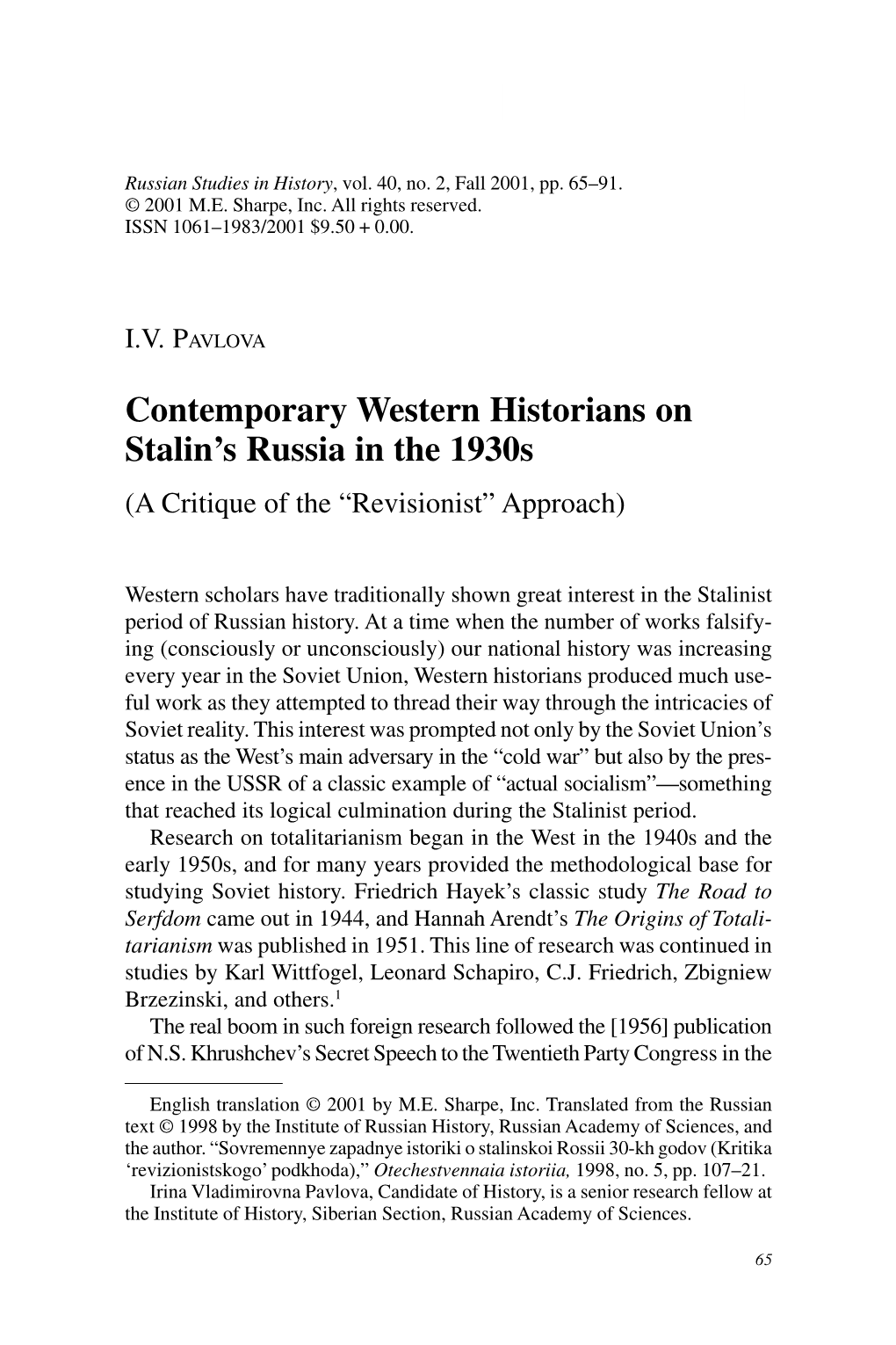 Contemporary Western Historians on Stalin's Russia in the 1930S