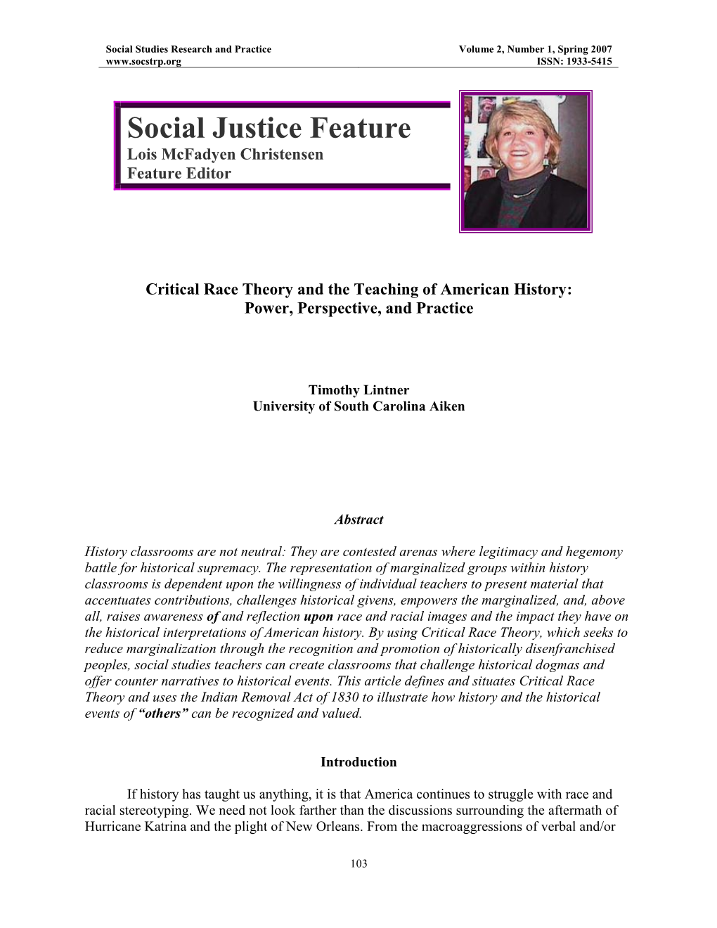 Social Justice Feature Lois Mcfadyen Christensen Feature Editor