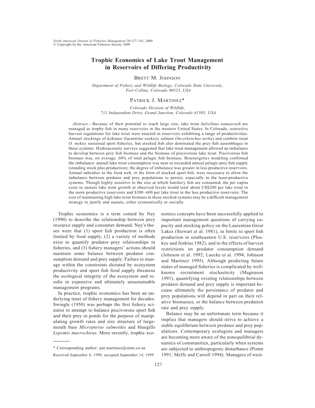 Trophic Economics of Lake Trout Management in Reservoirs of Differing Productivity