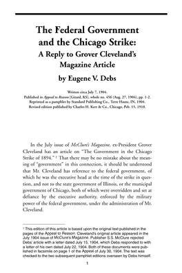 The Federal Government and the Chicago Strike: a Reply to Grover Cleveland’S Magazine Article by Eugene V