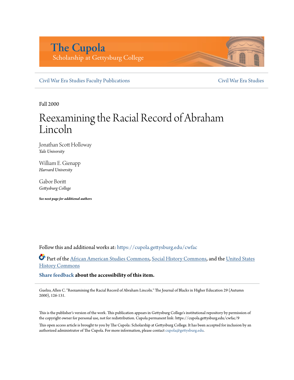 Reexamining the Racial Record of Abraham Lincoln Jonathan Scott Olh Loway Yale University