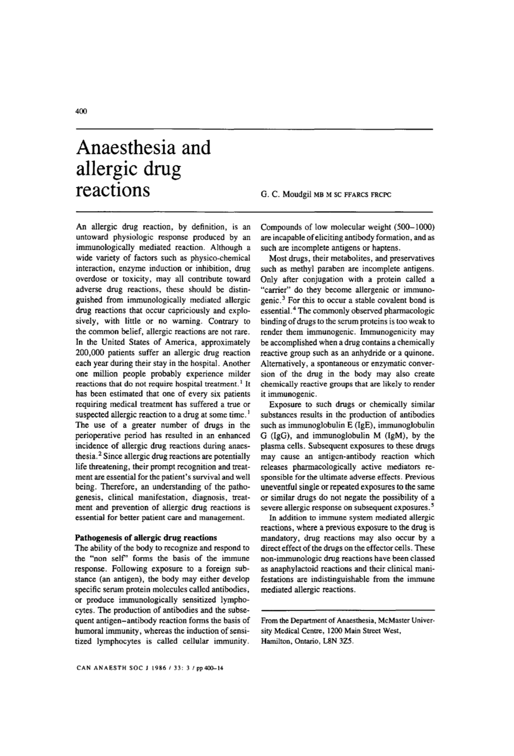 Anaesthesia and Allergic Drug Reactions G